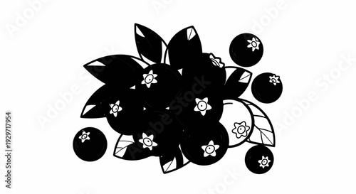 A cluster of ripe, dark berries with prominent leaves and star-shaped flower details