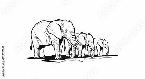 A family of elephants drinks from a water source in a simplistic illustration