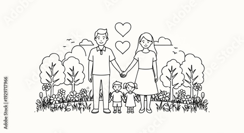 Whimsical outline drawing of a happy family holding hands in a meadow