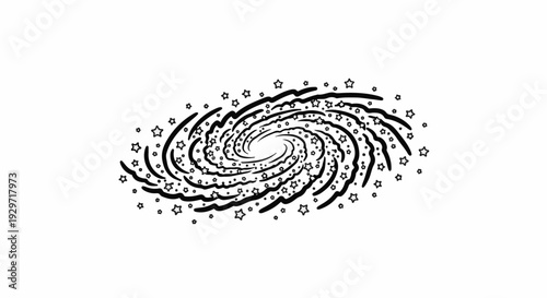 Stylized black and white drawing of a spiral galaxy with scattered stars