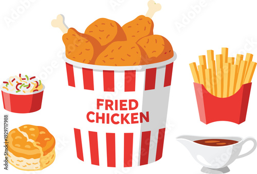 Fried chicken bucket combo with french fries coleslaw biscuit and gravy isolated on transparent backdrop