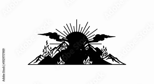 Silhouette of erupting volcanoes under a radiating sun with smoke and flames