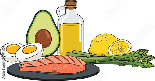 Ketogenic meal composition with grilled salmon fillet avocado boiled eggs olive oil lemon and asparagus