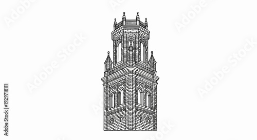 Ornate stone tower with arched windows and decorative detailing, reaching skyward