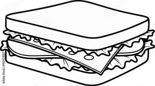 A simple line drawing of a sandwich with two bread slices, cheese, and lettuce