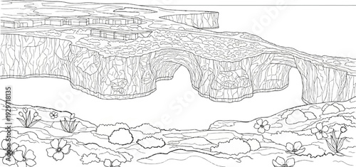 A dramatic cliffside features arches and a village, with flowers in the foreground