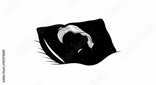 Black and white illustration of a person's head with light hair resting on a pillow