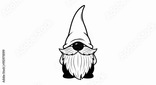 A monochrome illustration depicts a gnome with a large pointy hat, beard, and nose
