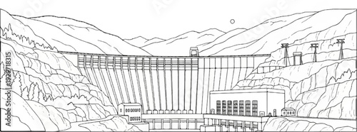 A large dam structure with powerhouses is situated amidst steep, rocky mountains