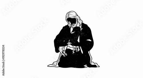 Kneeling figure in robe cradles a lamb, detailed sketch
