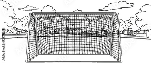 Sketch of a soccer goal in a park with trees and clouds