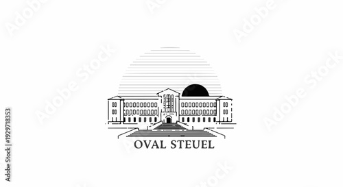 Stylized line art depicts a grand building with steps leading up, under a curved sun