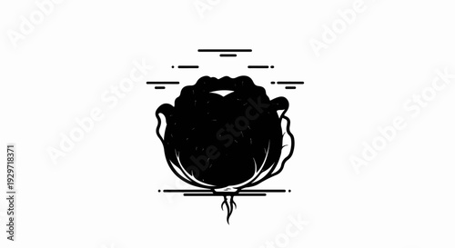 Stylized black and white illustration of a leafy vegetable with roots and surrounding lines