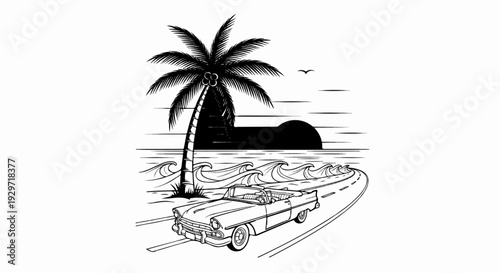 A vintage convertible drives on a coastal road beside a palm tree and the ocean at sunset