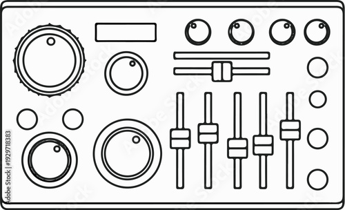 A line art illustration of a control panel with various knobs and sliders