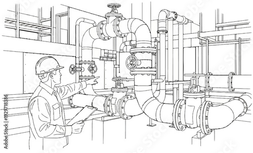 Technician inspects industrial piping system with clipboard and hard hat