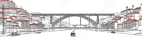 River flows past hilly cityscape with detailed arched bridge spanning