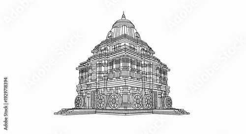 Ornate stone temple structure with tiered levels and prominent wheels at its base