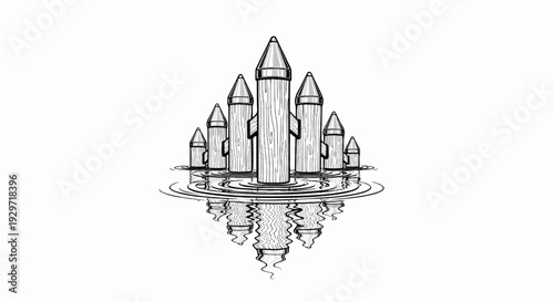 Rockets made of wood stand in water, reflecting below