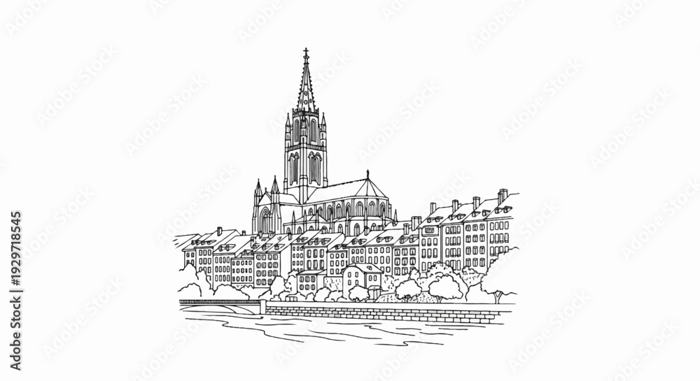 Naklejka premium Detailed line drawing of historic buildings with a spire, lining a river