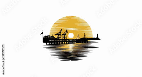 Silhouette of a busy harbor with cranes and a lighthouse against a stylized sunset
