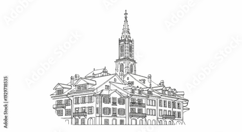 Stylized ink drawing of a European town square with a tall spire