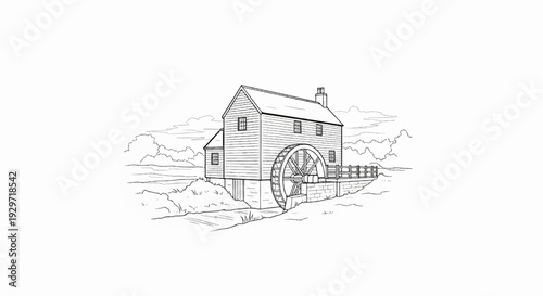 A traditional watermill stands beside a gentle stream, surrounded by fluffy clouds