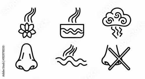 Six icons depicting scent flower, steam, cloud, nose, water waves, and crossed out nose