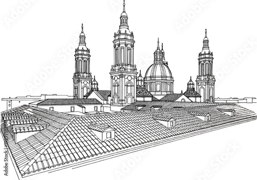 A detailed sketch of a grand architectural structure with multiple domes and towers