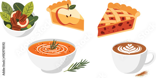 Autumn seasonal food collection with apple pie bowl of soup coffee latte and green salad with pecans design