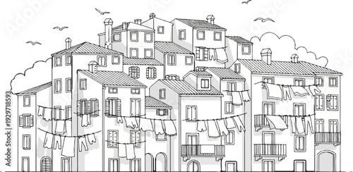 Sketch of clustered buildings with laundry hanging between windows and birds flying above