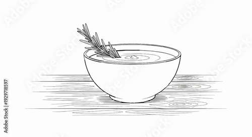 A black and white sketch of a bowl of liquid with a sprig of rosemary on a wooden surface