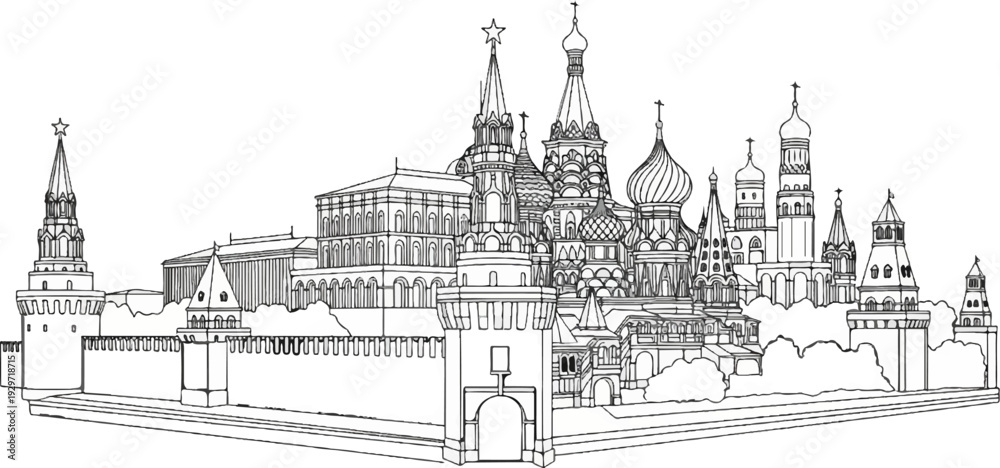 Fototapeta premium Line drawing of a grand architectural complex with onion domes and spires