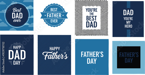Happy Father's Day square greeting cards set with best dad ever and my hero typography quotes, cad drawing flat vector illustration