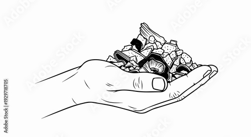 Line art illustration of a cupped hand holding a pile of broken chips and mushrooms
