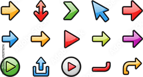 Collection of vibrant, glossy arrow and play icons with dark outlines