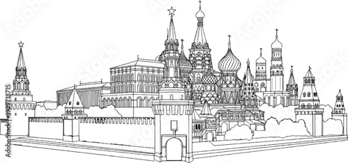 Line drawing of a grand architectural complex with onion domes and spires