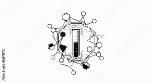 Scientific molecule structure surrounds a glowing test tube with liquid