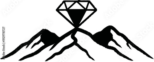 A stylized black and white graphic shows a diamond atop two majestic mountains