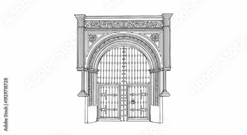 Ornate, arched, double doors with decorative metalwork and pilasters