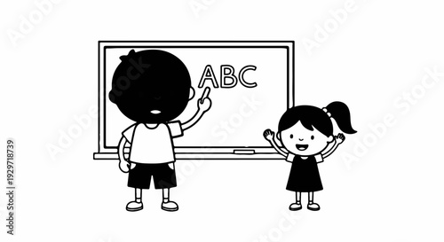 Two children, a boy and a girl, stand near a blackboard with ABC written on it