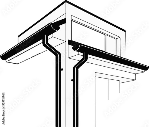 Isometric illustration of a building's gutter system and downspouts