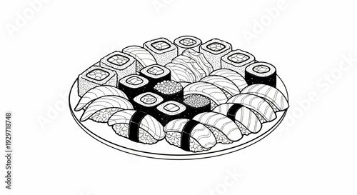 An artistic depiction of a large platter filled with various types of sushi and rolls