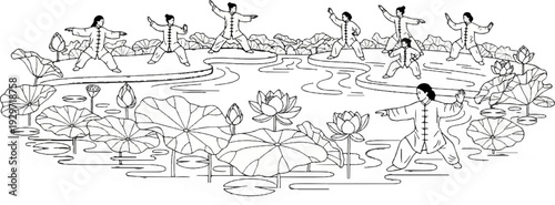 Group practicing martial arts by a pond filled with lotus flowers and lily pads