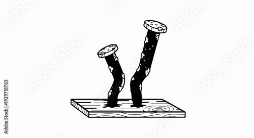 Two bent, black nails with white spots driven into a wooden plank