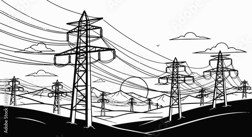 Stylized illustration of power lines stretching across a landscape at sunset