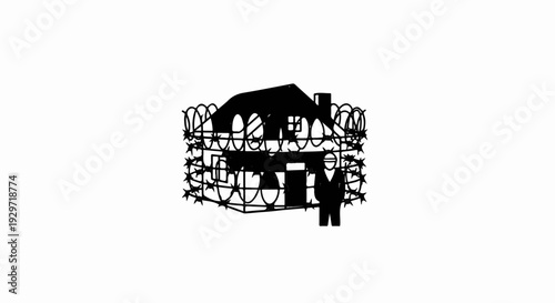 A silhouetted house is encircled by barbed wire, with a silhouetted figure standing outside