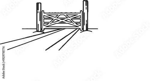 A simple, hand-drawn sketch of a wooden farm gate with patterned infill and leading tracks