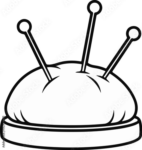 A simple black and white illustration of a pincushion with pins sticking out