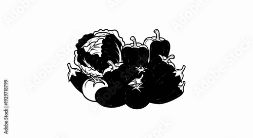 A collection of fresh vegetables, including bell peppers, tomatoes, cabbage, and eggplant